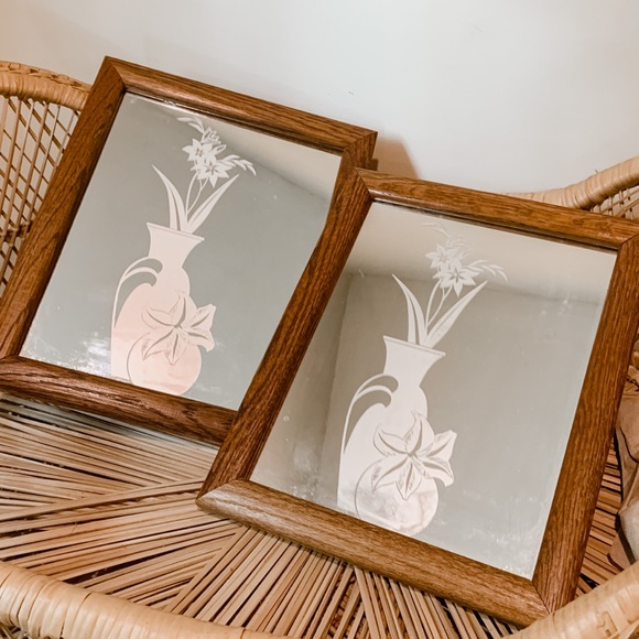 Pair of Vintage Retro Etched Wood Frame Mirrors